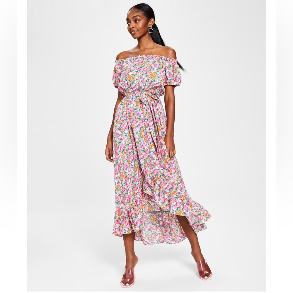 Women’s Floral Tie Waist Midi Silhouette Multicolor Dress bar III Size Medium